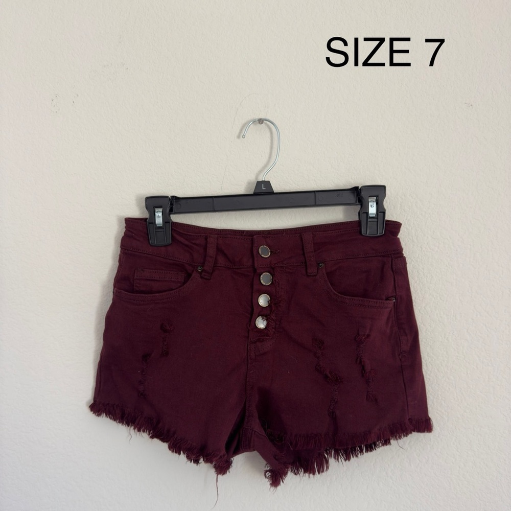Burgundy Distressed Denim Shorts